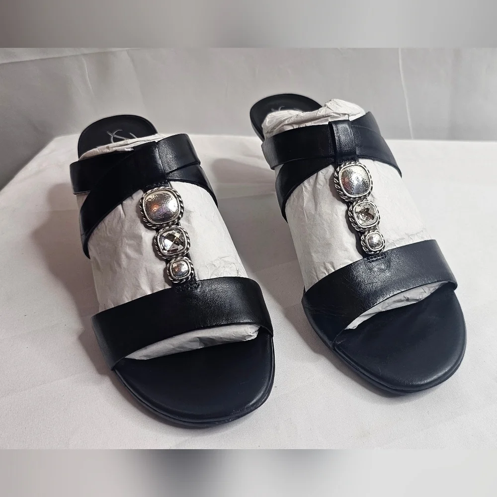 7 M Brighton Trista Shoes Slip-on Block Heels Sandals Black Leather Open Toe